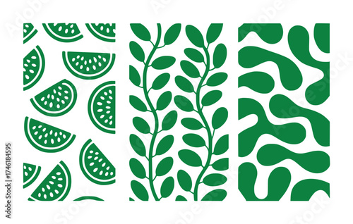 Three Green and White Abstract Patterns Citrus Slices, Leaves, and Organic Shapes