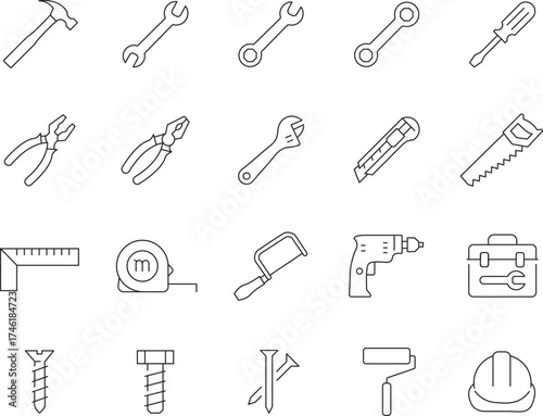 Collection of thin line icons representing various work tools and equipment