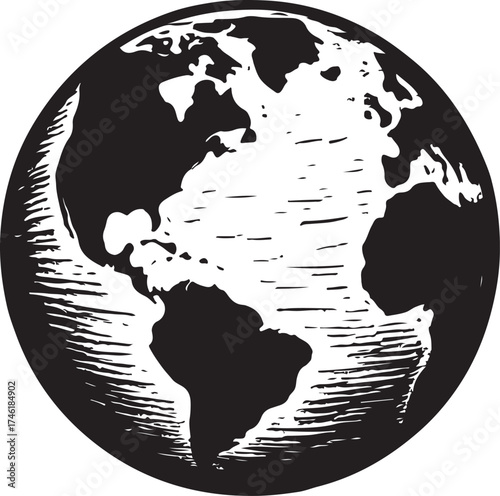 Black and white woodcut style globe artwork showing continents of americas and europe africa