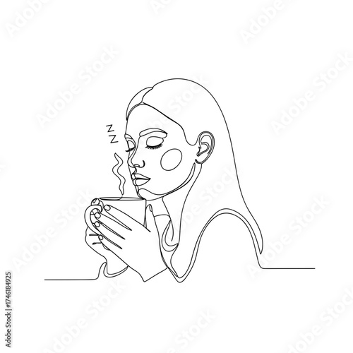Woman holding mug with sleepy eyes line art drawing
