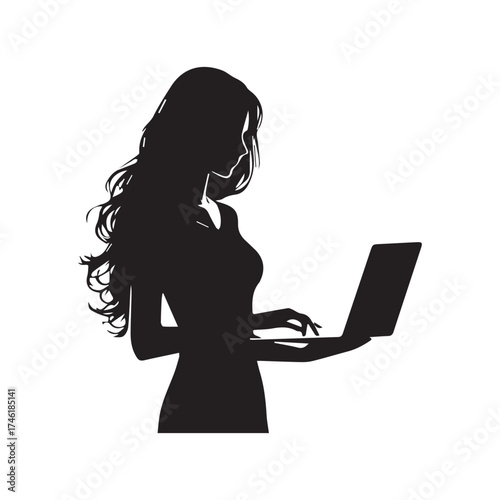 Elegant Woman Silhouette Using Laptop Illustration for Business Websites