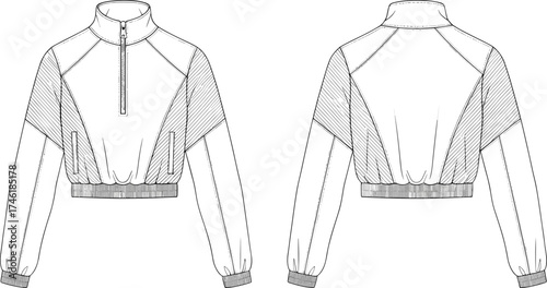 Cropped pullover jacket fashion design, high collar half zip closure, raglan sleeve with ribbed waistband, apparel template cad drawing vector illustration