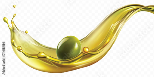 fresh smooth liquid olive flow fuel wave in mid air cut out and curve style isolated on transparent background