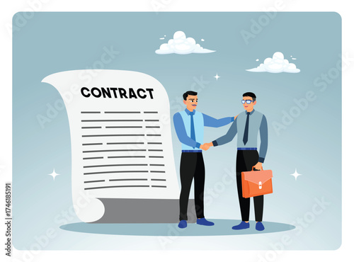 Businessmen shake hands after signing a contract agreement.