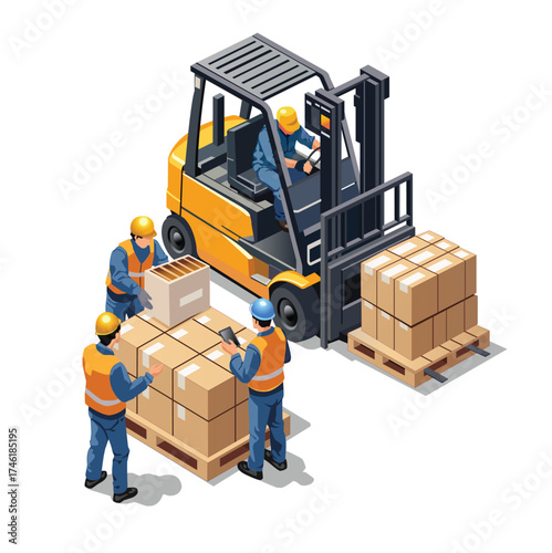 Isometric illustration of forklift with boxes and some workers arround