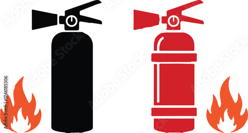 Two fire extinguishers one red one black with flames safety equipment icons