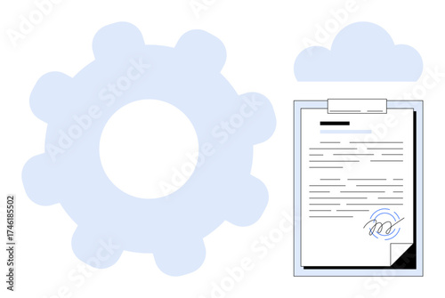 Gear, signed document with clipboard, and cloud highlight technology, digital processes, and agreements. Ideal for teamwork, innovation, management, cloud systems compliance workflow