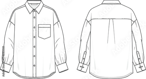 Long sleeve button up shirt fashion design, pointed collar with chest pocket, apparel template front back view, cad drawing vector illustration