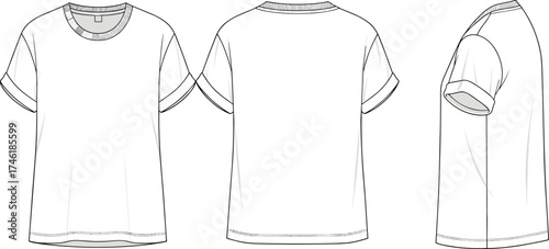 Basic short sleeve t shirt flat sketch, crew neckline folded cuff detail, apparel template front back side view, cad drawing vector illustration