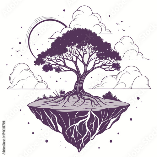 Magical floating island with a purple tree roots and clouds vector illustration