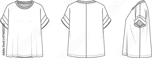 Loose fit t shirt fashion design, short sleeve rolled cuff detail, apparel template front back side view, cad drawing flat vector illustration