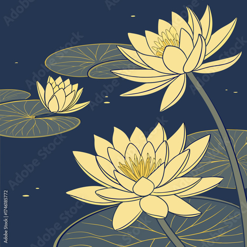 Serene golden lotus flowers floating on deep indigo water vector illustration