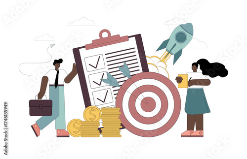 Project completion. Successful work. Achieving success. Plan accomplished. Work analysis. Vector flat illustration.eps