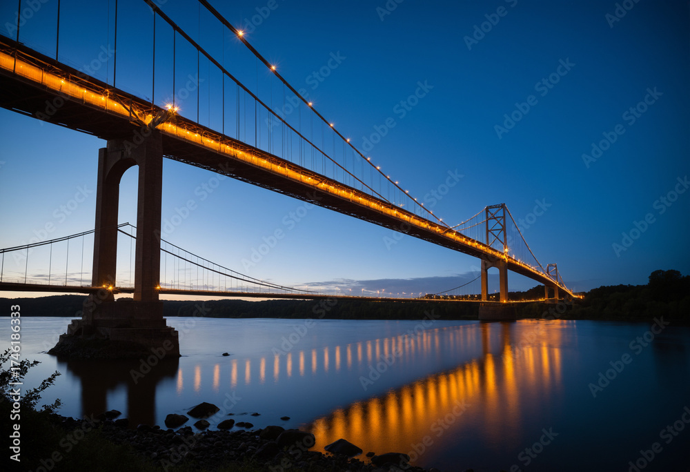 Naklejka premium Bridge spanning a river at dusk, engineering details, long exposure lights