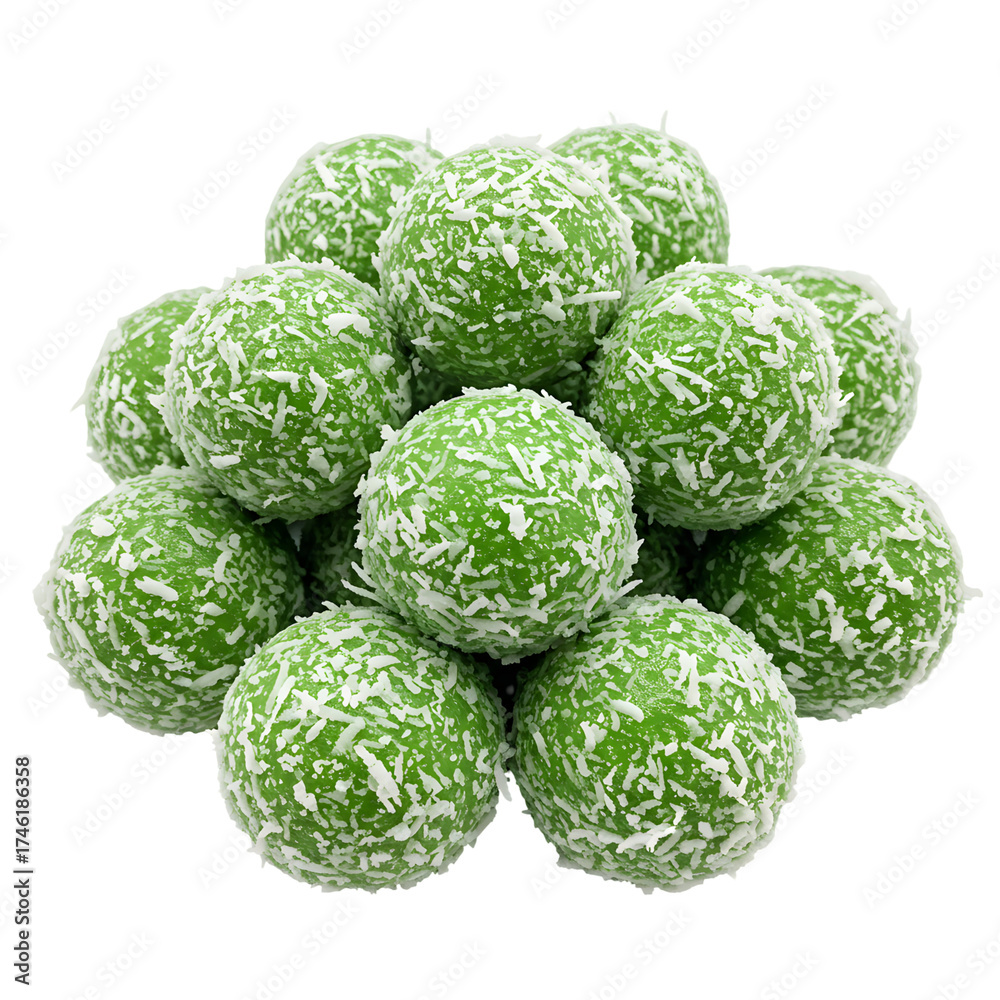 Fototapeta premium Stack of green balls covered in shredded coconut on white or transparent background