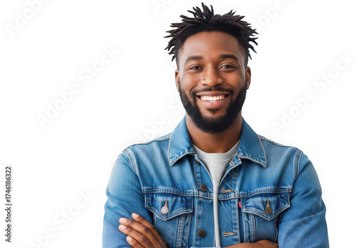 Smiling man with dreadlocks wearing denim jacket confident and happy portrait isolated on transparent background