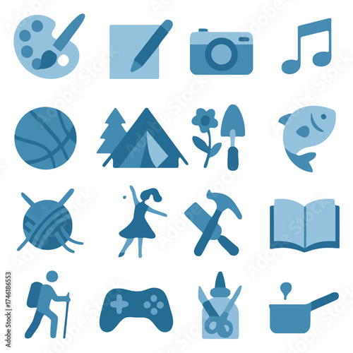 Creative Icons: A collection of thematic, stylized icons featuring a variety of creative pursuits and leisure activities, capturing the essence of art, music, and exploration.