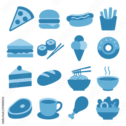 Assortment of Culinary Delights: A vibrant array of iconic fast food, each rendered in a simple yet captivating graphic style, representing variety of dishes.