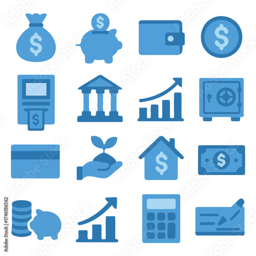 Financial Icon Set: A comprehensive collection of finance-related icons, illustrating savings, investments, and banking, perfect for financial concepts.