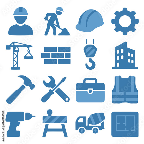 Construction Icons Set: A comprehensive collection of construction icons, meticulously crafted in a clean and modern flat design style, representing various aspects of the building process.
