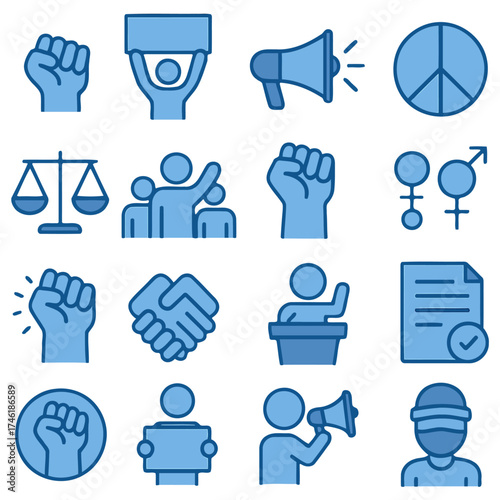 Social Justice Icons: A collection of illustrated icons representing social justice themes, conveying messages of equality, peace, and human rights. 