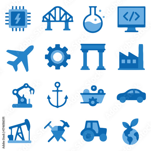 Industrial Icon Set: A comprehensive set of industrial icons, showcasing diverse elements representing technology, engineering, and infrastructure for creative designs. 