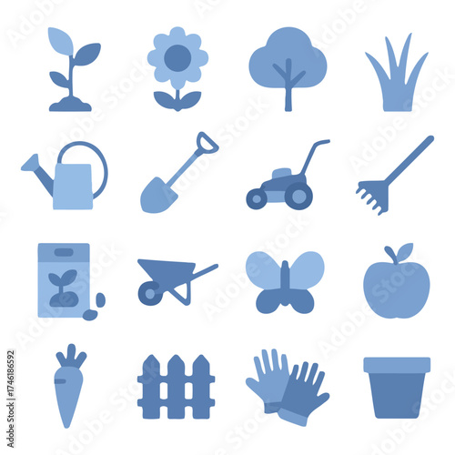 Gardening Elements Icon: A comprehensive collection of essential gardening icons and tools in an illustrative display, conveying a sense of growth and nature