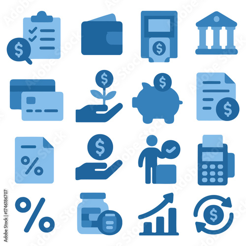 Financial icons: A comprehensive set of financial icons, representing key elements such as investment, banking, and financial transactions.