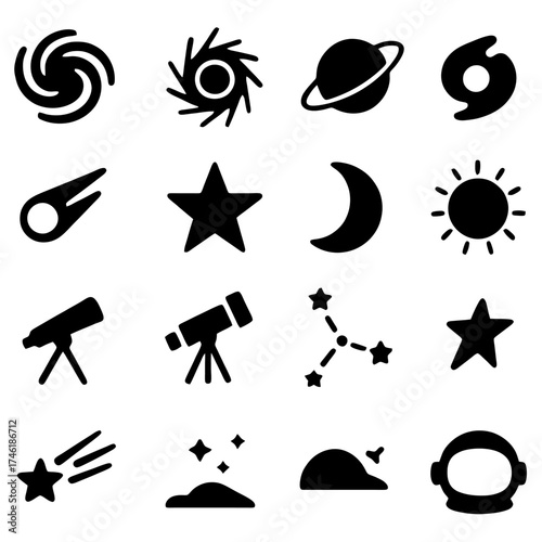 Celestial Wonders: A Collection of astronomical objects and tools is shown in vector illustrations. Showcasing an array of celestial objects, including galaxies, stars, and other tools.