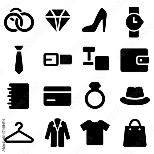 Elegant Essentials: A curated collection of icons representing luxury items, including a diamond, rings, high heel, wristwatch, tie, belt, cufflink, wallet, notebook, credit card, ring, hat, hanger.