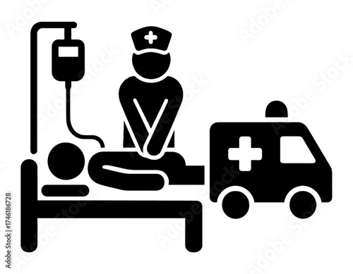 Emergency medical scene: A medical professional is attending a patient on a hospital bed, and the ambulance is ready for an emergency transfer.