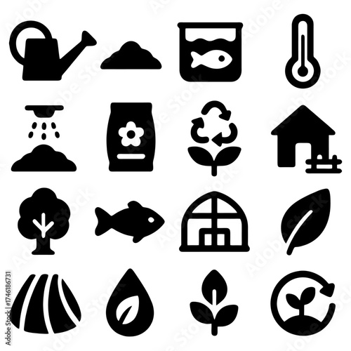 Gardening and Environment Icons Set: A comprehensive collection of simple black icons featuring gardening equipment, natural elements and eco-friendly concepts.