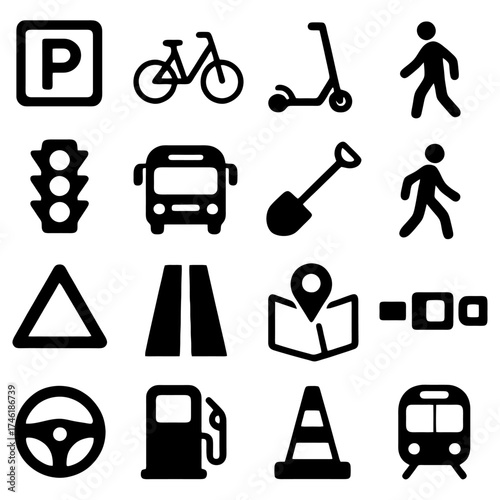 Transportation and Mobility Icons: A collection of minimalist black and white icons represent essential elements of transport and urban navigation, designed for clarity and modern usability.