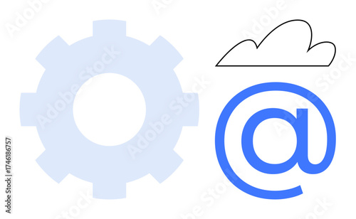 Gear shape, cloud outline, and blue at-symbol visually combine to depict cloud technology, automation, and communication. Ideal for technology, communication, teamwork, innovation internet