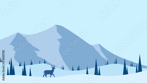 Wildlife landscape illustration with reindeer and winter mountain