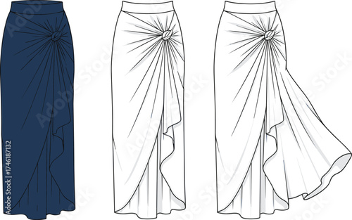 Elegant draped skirt fashion design, asymmetrical pleated knot detail, stylish women clothing template, cad drawing flat vector illustration, garment sketch