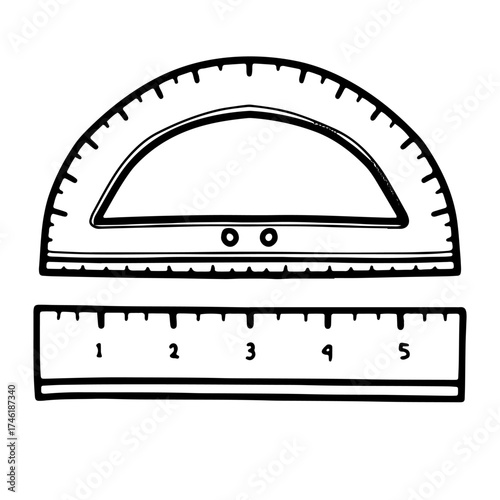 Math and geometry tools outline set. Ruler and Protractor line art. doodle style geometry set