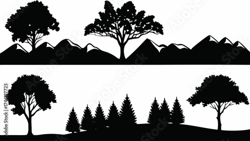 Serene mountain landscape with majestic trees silhouette, perfect for nature-themed designs, peaceful backgrounds and calming visuals, originally designed as scalable vector