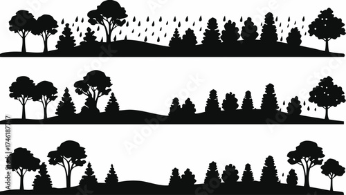 Enchanting forest landscape silhouette with trees and rain, perfect for nature designs, backgrounds, and serene themed projects needing a touch of wilderness