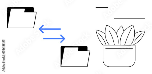 Two file folders connected by arrows representing data transfer next to a potted plant symbolizing growth and productivity. Ideal for file sharing, teamwork, growth, eco-consciousness, digital