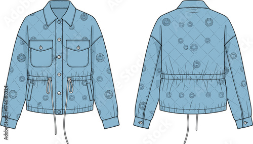 Women’s quilted jacket technical sketch, fashion flat drawing, diamond quilt pattern, button front placket, flap chest pockets, apparel cad illustration