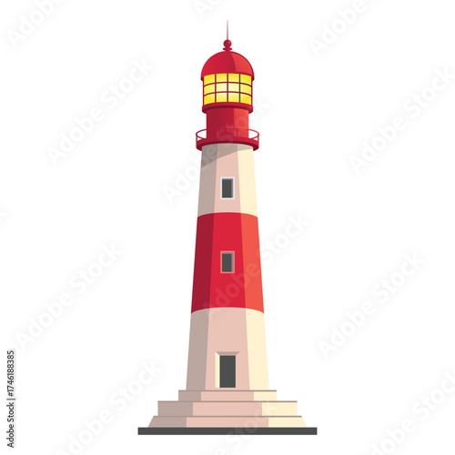 Tall red and white lighthouse with glowing top light standing on a stone base, symbolizing guidance and safety by the sea.