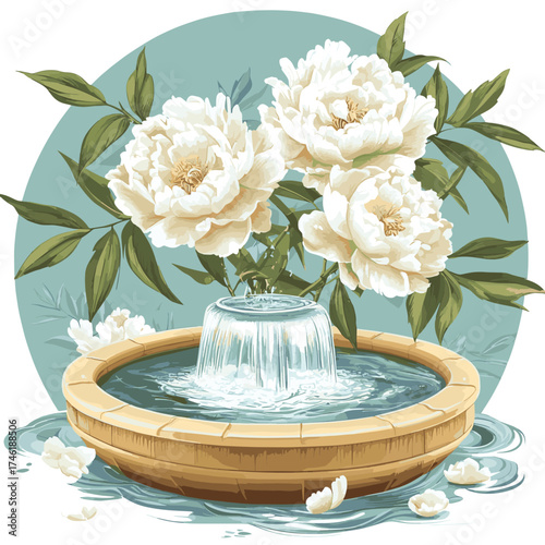 Zen bamboo water fountain with crystal clear flow, surrounded by white peonies , vector style simple color