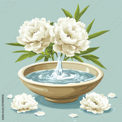 Zen bamboo water fountain with crystal clear flow, surrounded by white peonies , vector style simple color