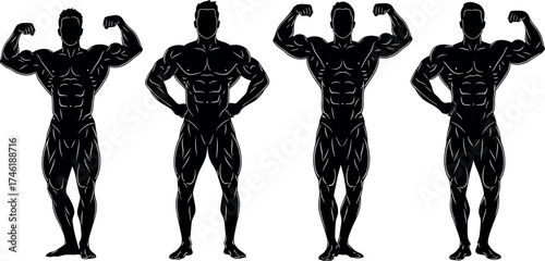 Bodybuilding silhouette, muscular male poses, fitness illustration, flexing biceps, strong physique, black vector, gym icon, anatomy reference, workout concept, strength art