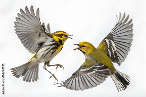 Black-throated Green Warblers Fighting Isolated on White