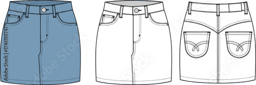 Women’s denim skirt technical sketch, fashion flat drawing, button closure, front back pockets, waistband seam detail, apparel cad garment construction illustration