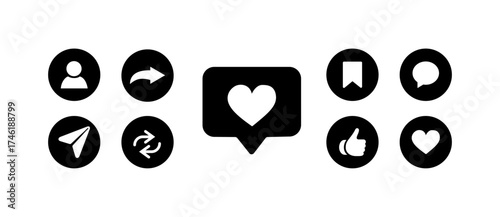 Like, love, heart, thumb up, repost, comment, share, save, stories user button sign in circle and speech bubble shapes, emoji post reactions, set social media notification functional icons