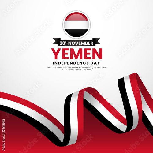 Yemen independence day greeting card, square banner background with warving ribbon flag