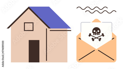 House with blue roof beside open envelope containing skull and crossbones warning icon, representing danger, contamination, or mail threats. Ideal for security, danger, crime, safety, emergency